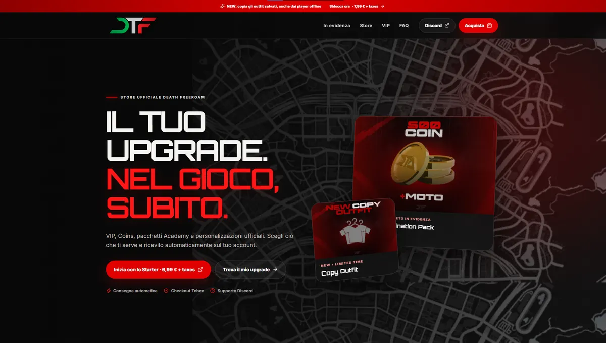 Home page del sito ufficiale di Death Freeroam, con lo store, i pacchetti in evidenza e l'accesso a Discord