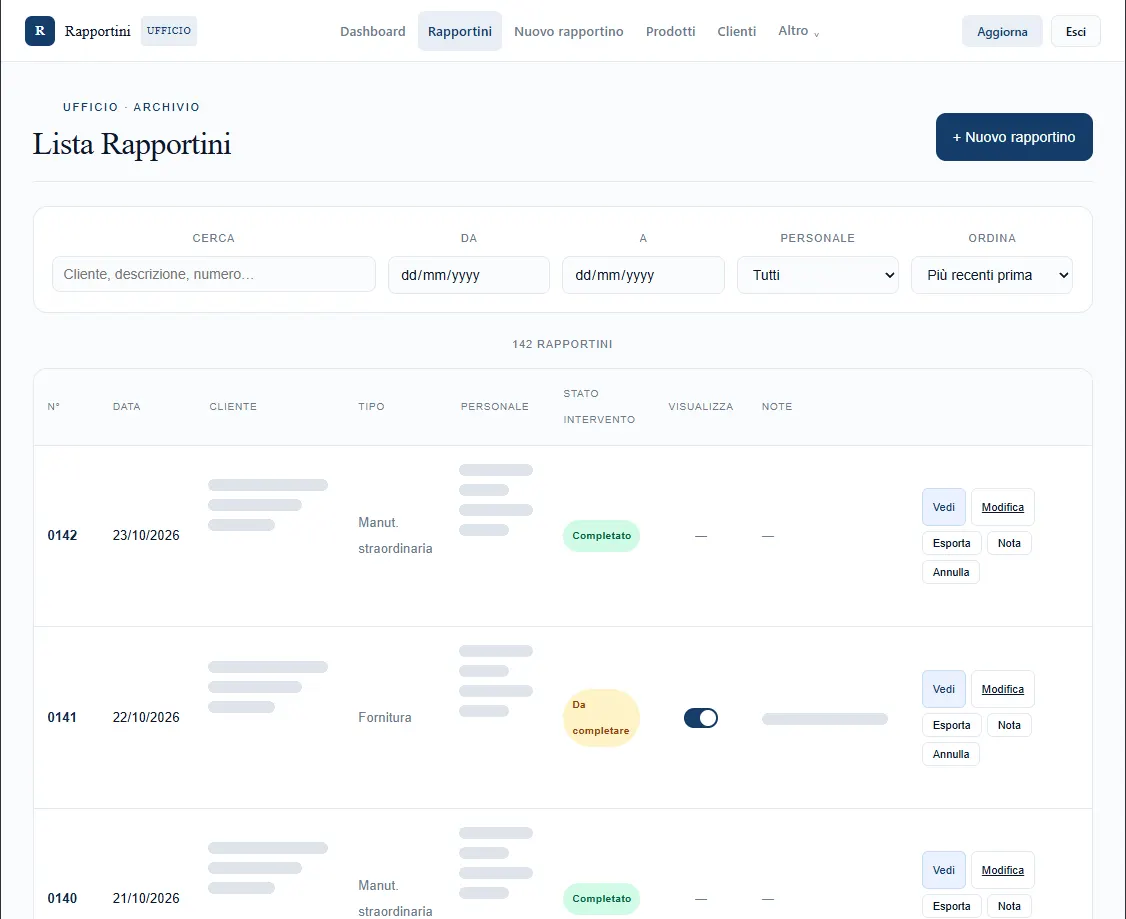 Archivio dei rapportini con filtri per cliente, data, personale e stato dell'intervento; i dati dei clienti sono oscurati